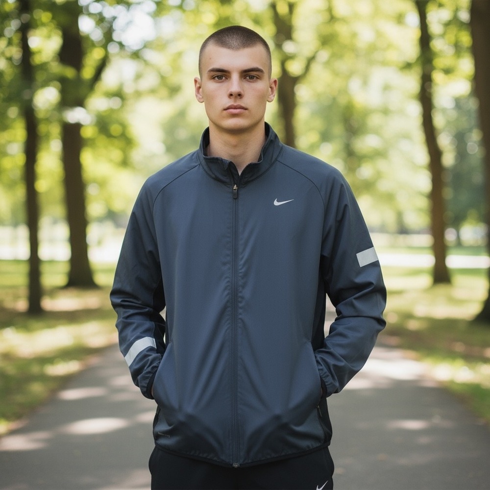 Nike Dri-Fit Men's Athletic Jacket Gray Black Full Zip Reflective Logo Size L